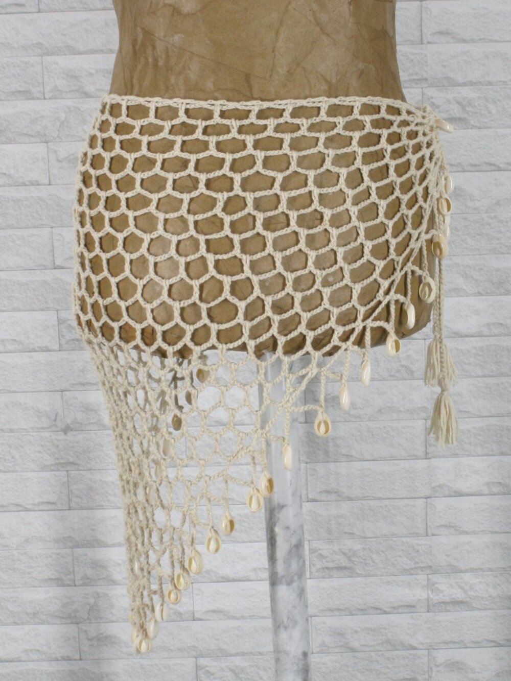 Sarong Scarf Crochet Mesh Seashell Trim Triangle Cover Up Beach Natural Cream